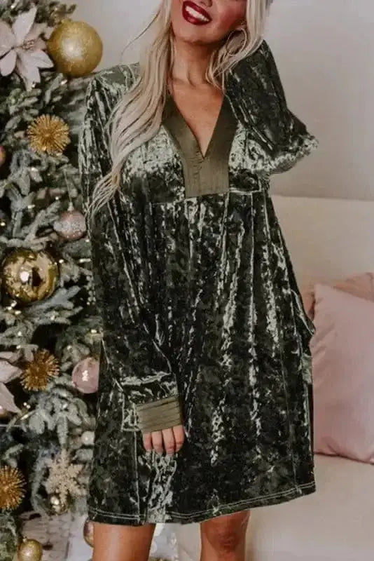 Jungle Green Velvet Long Sleeve V Neck Loose Dress with Pockets Jungle Green / M / 95%Polyester+5%Elastane