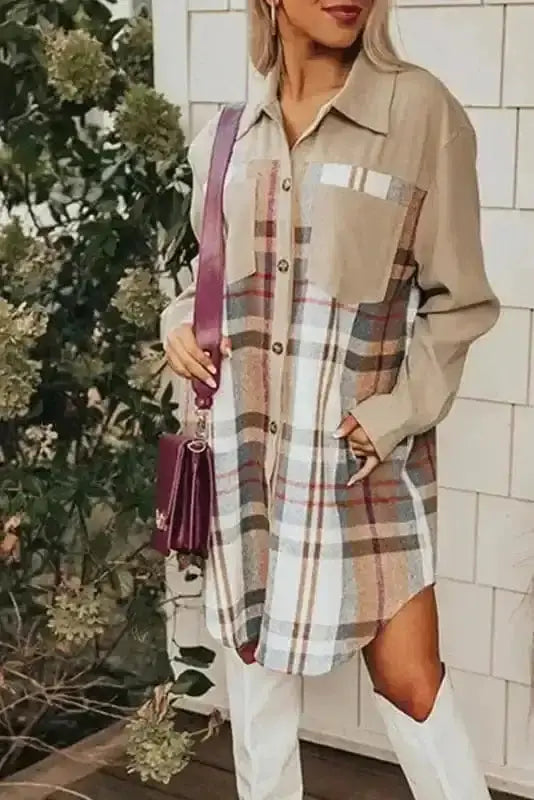 Khaki highland plaid casual check mini shirt dress front view — Fashionfitz UK