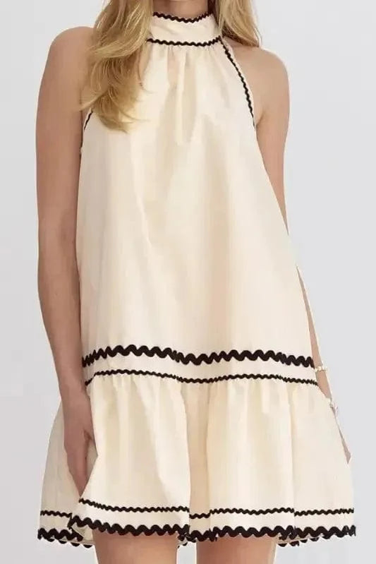 Mini Dresses Khaki Stripe / S / 100%Cotton Boho Ricrac Halter Dress