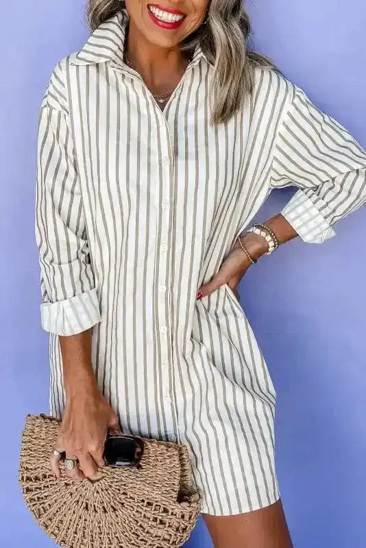 Mini Dresses Khaki Stripe / S / 100%Polyester Striped Mini Shirt Dress