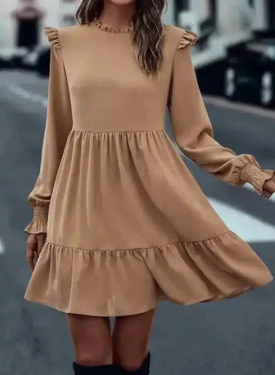 Mini Dresses Light French Beige / S / 100%Polyester Chic Beige Frill Collar Tiered Dress