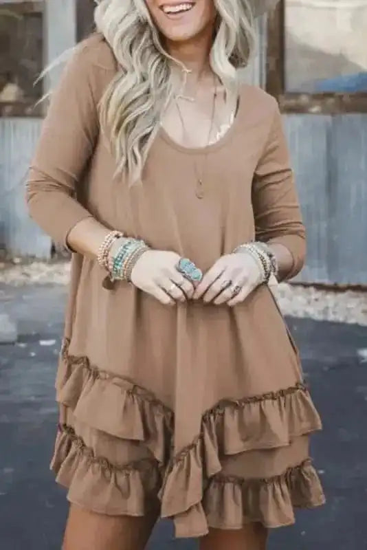 Mini Dresses Light French Beige / S / 80%Polyester+20%Cotton Sassy Ruffle Mini Dress