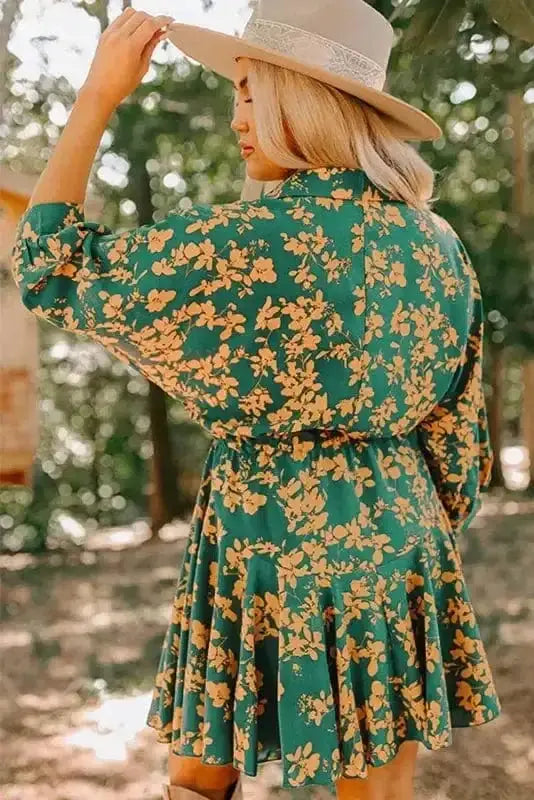 Green floral shift mini dress back view — Fashionfitz UK