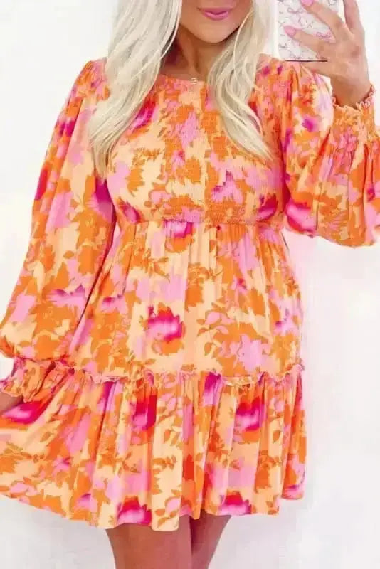 Mini Dresses Orange / S / 100%Polyester Abstract Aura Smocked Mini Dress