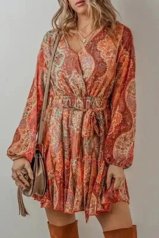 Mini Dresses Orange / S / 100%Polyester Autumn Elegance Paisley Mini Dress