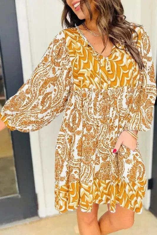Mini Dresses Orange / S / 100%Polyester Bohemian Flared Mini Dress