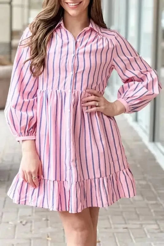Mini Dresses Pink Stripe / S / 100%Polyester Pinstripe Mini Shirt Dress