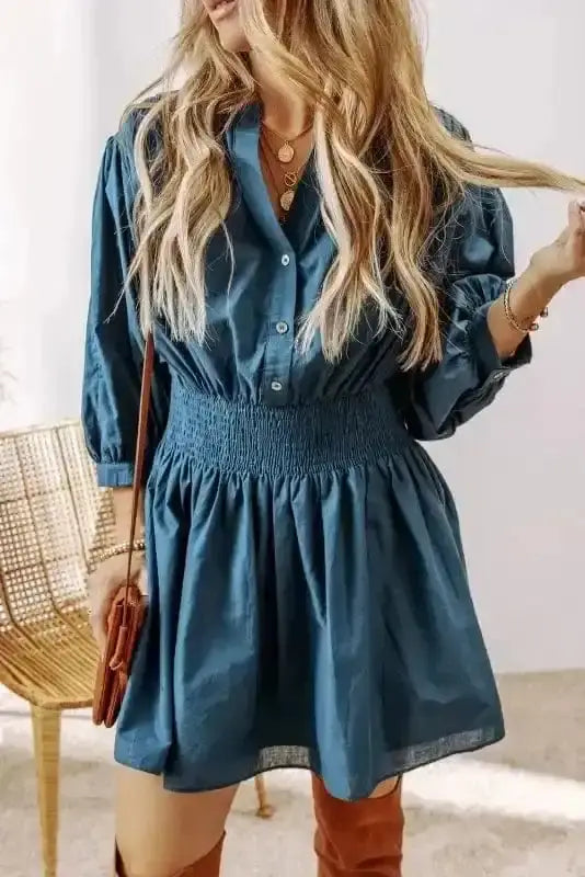 Prussian blue cotton linen shirred high waist collared mini dress front view — Fashionfitz UK