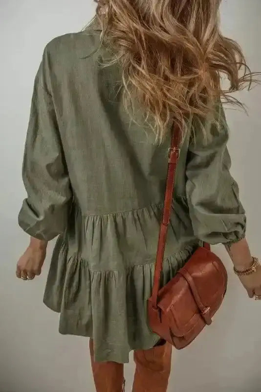 Green tiered puff sleeve mini dress back view — Fashionfitz UK