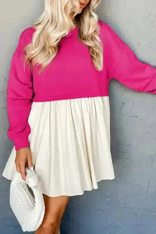 Rose red colourblock poplin casual mini dress front view — Fashionfitz UK