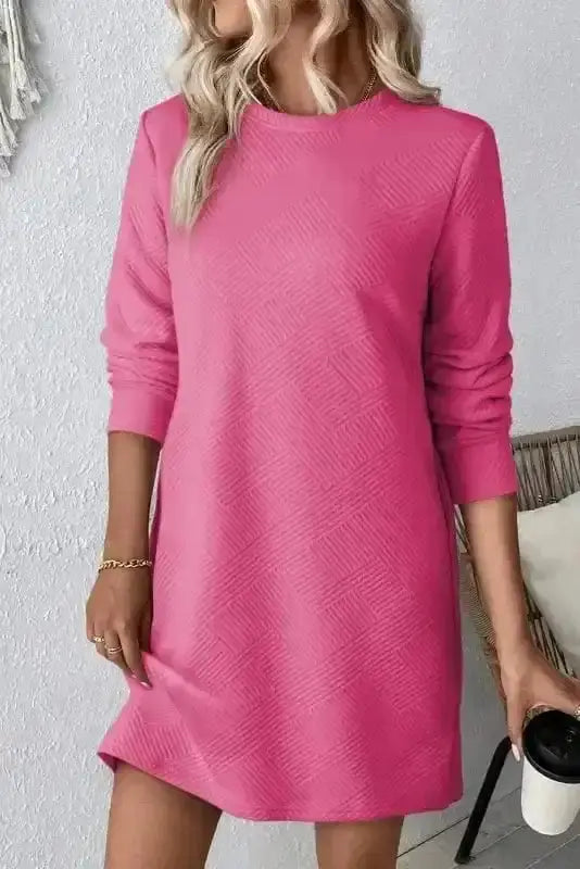 Crimson red long sleeve textured shift mini dress front view — Fashionfitz UK