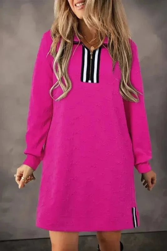 Mini Dresses Rose Red / S / 97%Polyester+3%Elastane Jacquard Zipper Shift Dress
