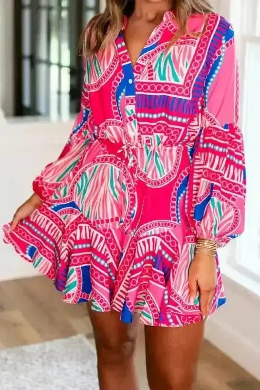 Rose pink floral puff sleeve drawstring ruffled mini dress front view — Fashionfitz UK
