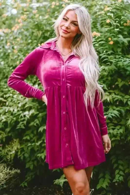 Rose red velvet button-up long sleeve ruffle mini dress front view — Fashionfitz UK