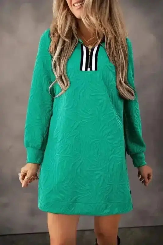Sea green emerald jacquard zip shift mini dress front view — Fashionfitz UK