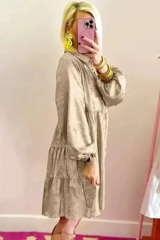 Metallic sheen puff sleeve mini shirt dress back view — Fashionfitz UK