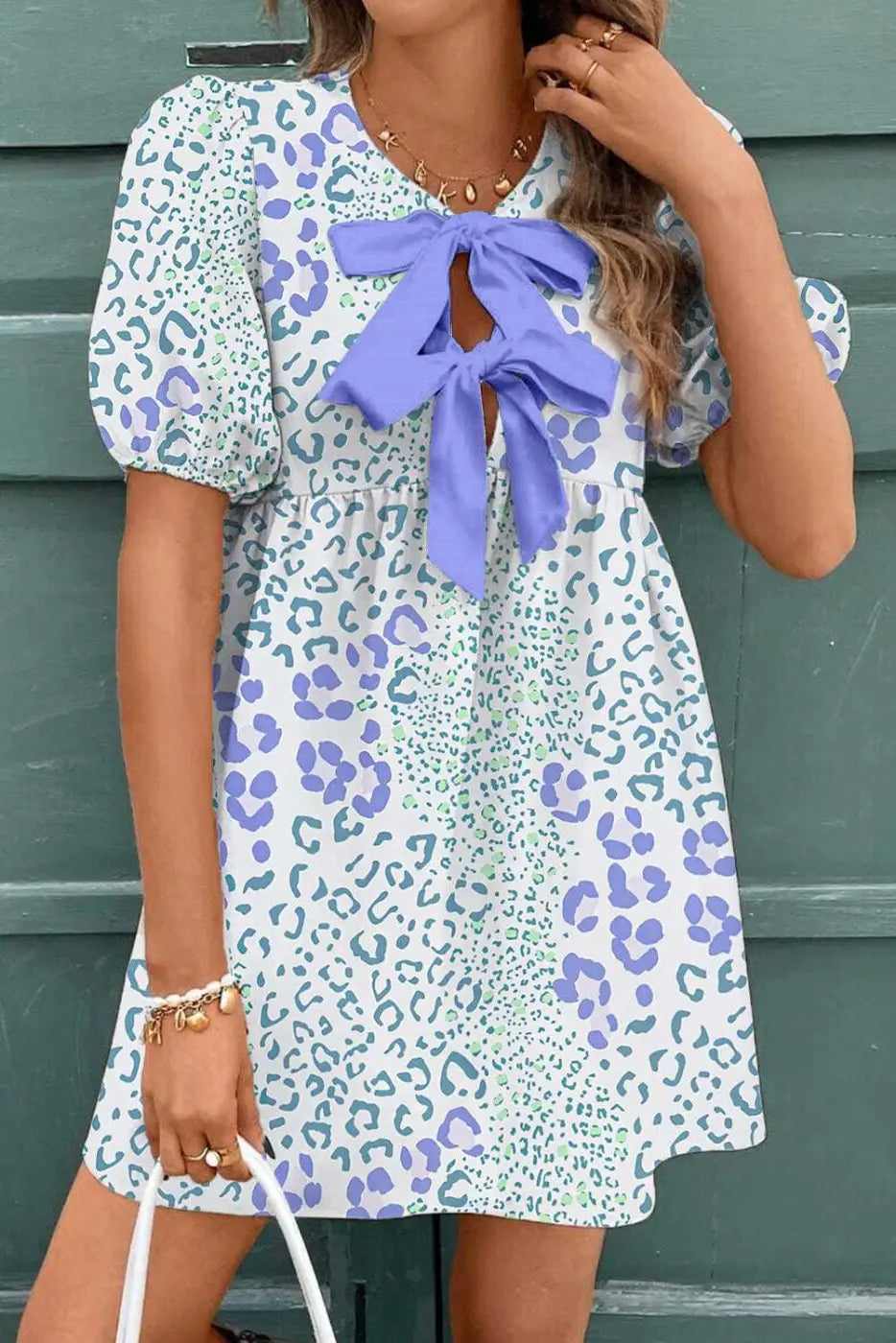 Mini Dresses Sky Blue / S / 100%Polyester Blue Bow Puff Mini Dress