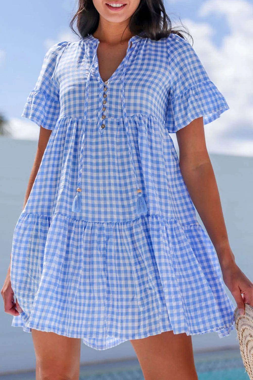Mini Dresses Sky Blue / S / 100%Polyester Gingham Grace Mini Dress - Chic and Lightweight