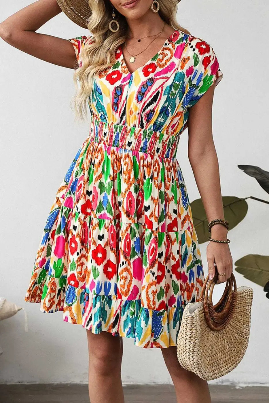 Mini Dresses Sky Blue / S / 100%Viscose Abstract Rainbow Tiered Mini Dress
