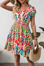 Mini Dresses Sky Blue / S / 100%Viscose Abstract Rainbow Tiered Mini Dress