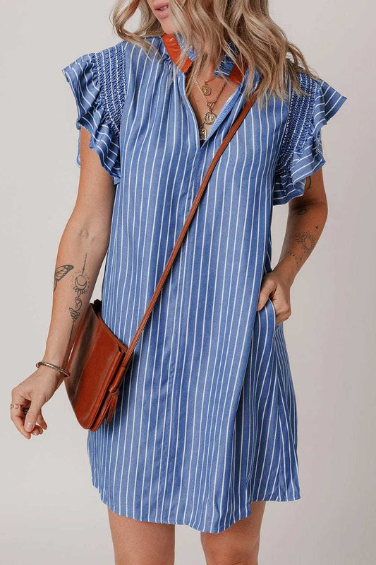 Mini Dresses Sky Blue Stripe / S / 50%Polyester+50%Viscose Blue Stripe Short Shift Dress