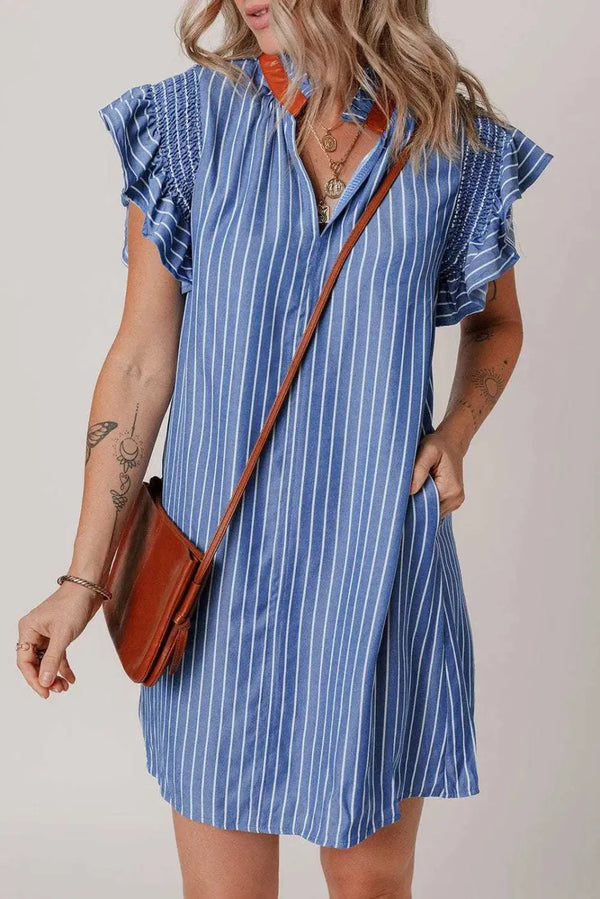 Sky blue stripe ruffle sleeve pocket shift mini dress front view — Fashionfitz UK