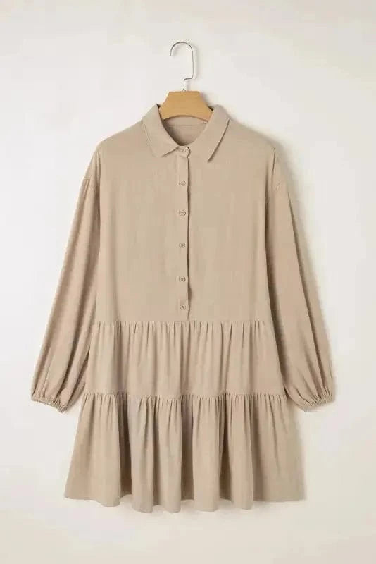 Mini Dresses Tan Chic Puff-Sleeve Pleated Mini Dress