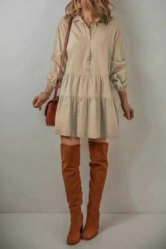 Mini Dresses Tan Chic Puff-Sleeve Pleated Mini Dress