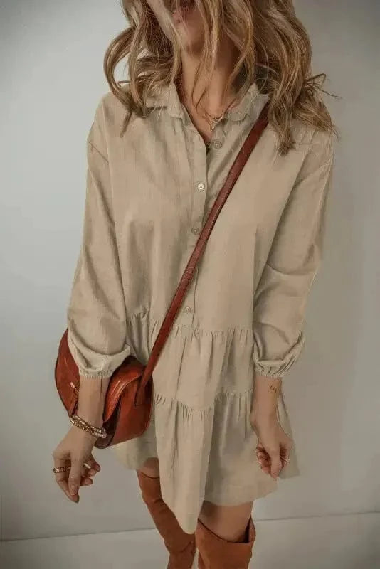 Mini Dresses Tan Chic Puff-Sleeve Pleated Mini Dress