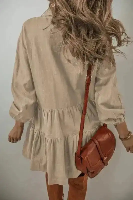 Mini Dresses Tan Chic Puff-Sleeve Pleated Mini Dress