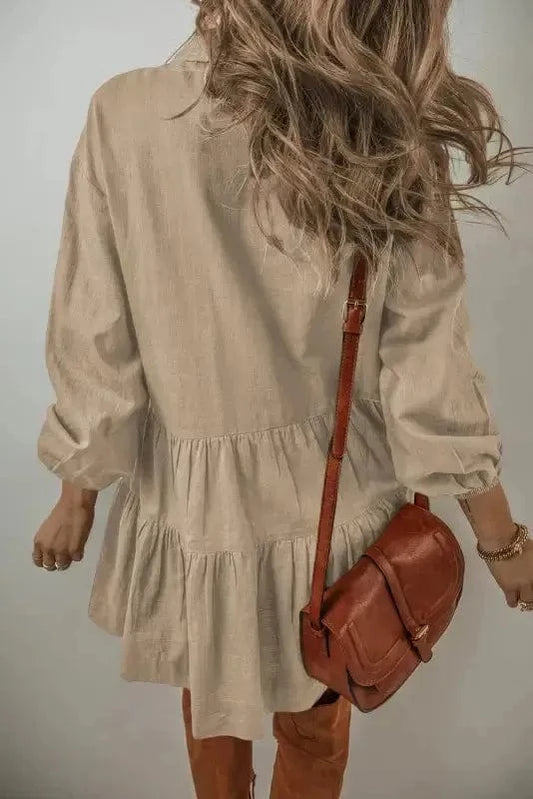 Mini Dresses Tan Chic Puff-Sleeve Pleated Mini Dress