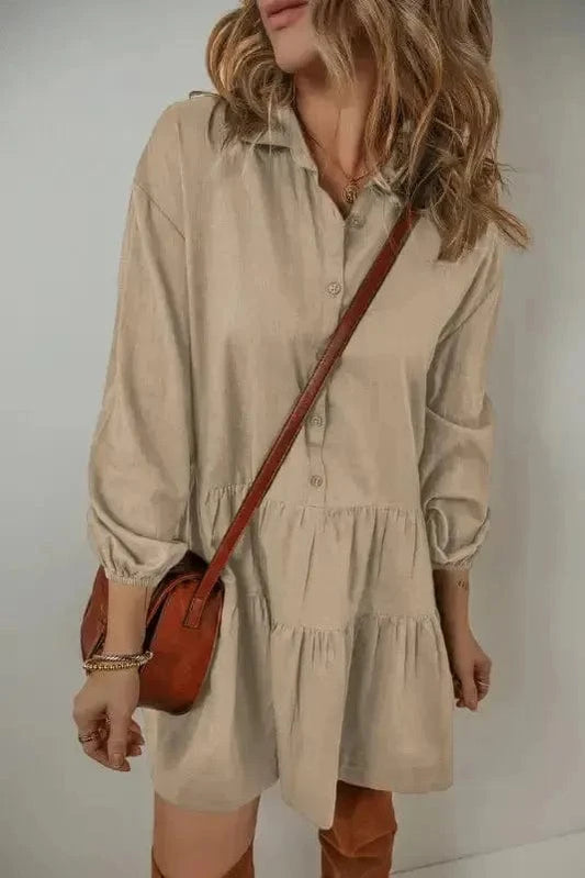 Mini Dresses Tan / S / 92%Viscose+8%Linen Tan Chic Puff-Sleeve Pleated Mini Dress