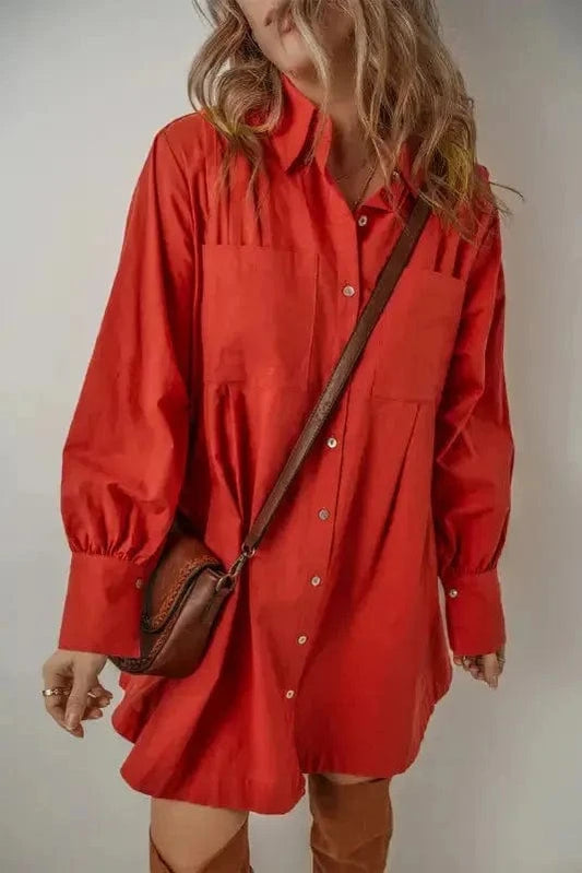 Mini Dresses Tomato Red / S / 85%Cotton+15%Linen Scarlet Pleat Perfection Mini Dress