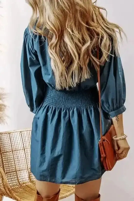 Cotton linen shirred mini dress back view — Fashionfitz UK