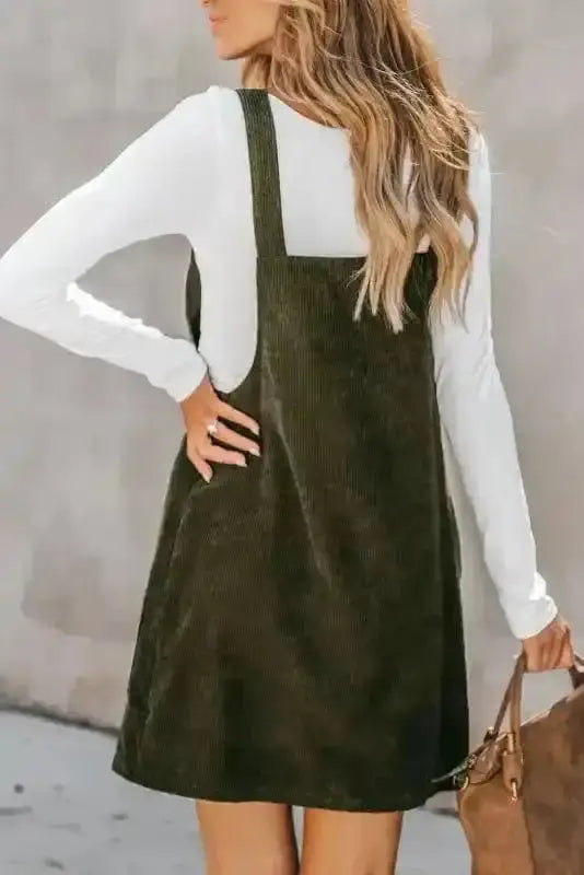 Green corduroy overall mini dress back view — Fashionfitz UK