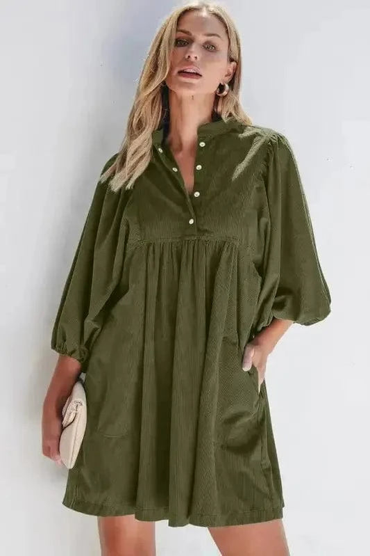 Mini Dresses Vineyard Green / S / 100%Polyester Autumn Empire Corduroy Dress - Vineyard Green