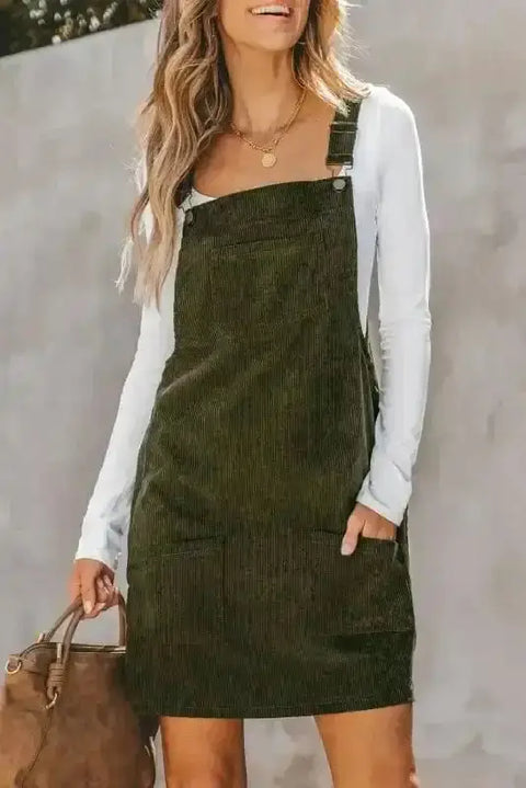 Mini Dresses Vineyard Green / S / 100%Polyester Vineyard Green Corduroy Overall Dress