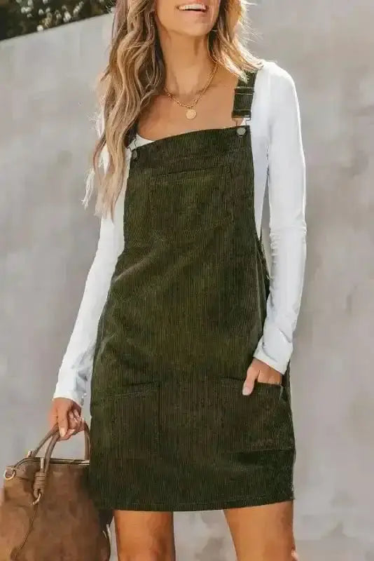 Green corduroy overall casual relaxed mini dress front view — Fashionfitz UK