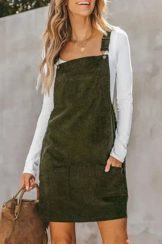 Mini Dresses Vineyard Green / S / 100%Polyester Vineyard Green Corduroy Overall Dress