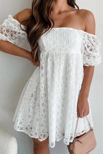 Mini Dresses White / S / 100%Polyester White Lace Empire Mini Dress
