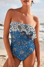 One Piece Swimsuit Azure Bloom One-Piece Swimsuit – Floral Ruffle Strap Swimwear