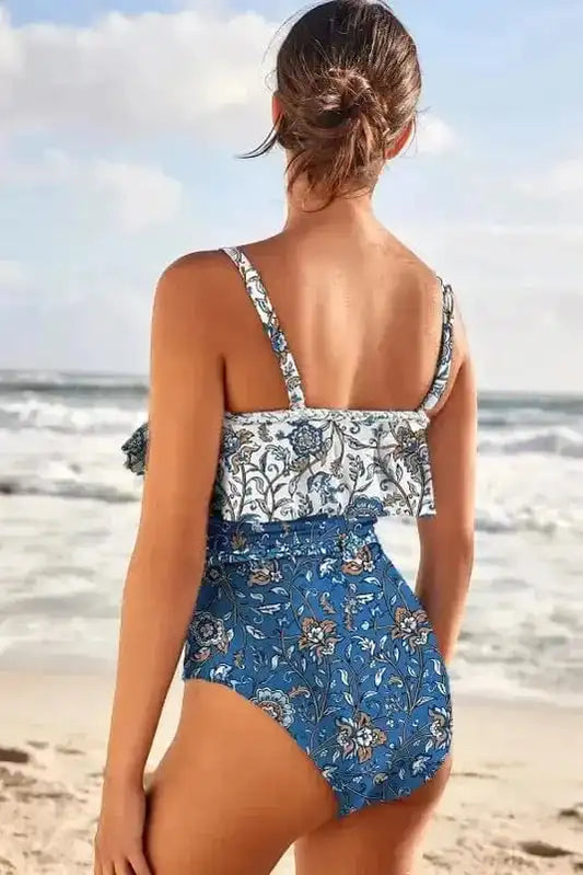 One Piece Swimsuit Azure Bloom One-Piece Swimsuit – Floral Ruffle Strap Swimwear