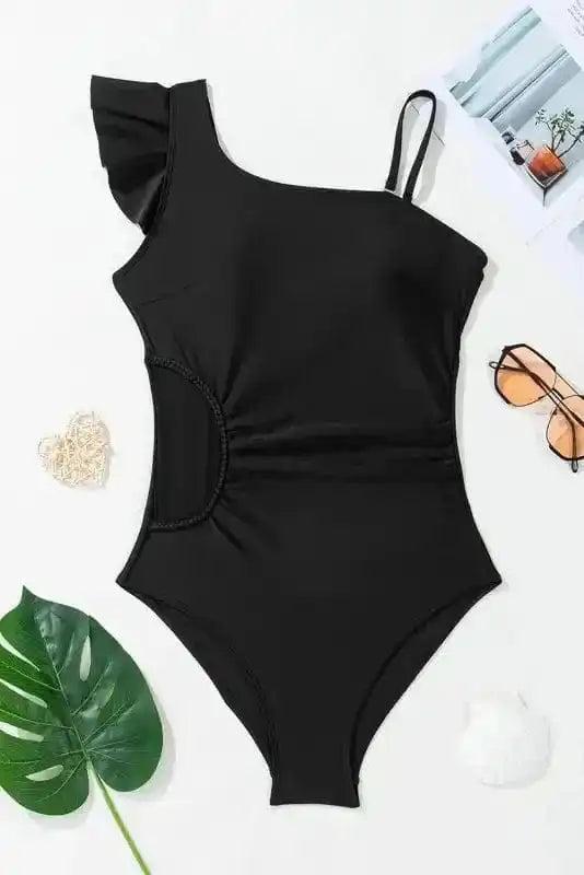 One Piece Swimsuit Black Asymmetric One-Piece Swimsuit