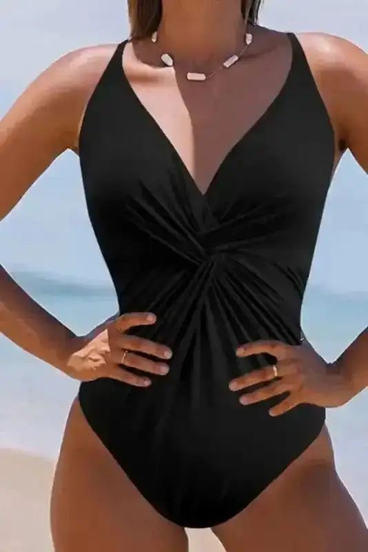 Black crisscross back V-neck one-piece swimsuit front view — Fashionfitz UK