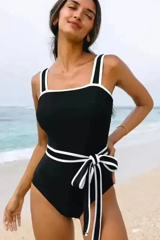 Black belted square-neck one-piece swimsuit front view — Fashionfitz UK