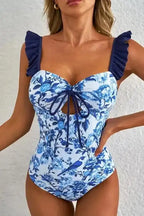 One Piece Swimsuit Blue Chic Ruffled One-Piece Swimsuit
