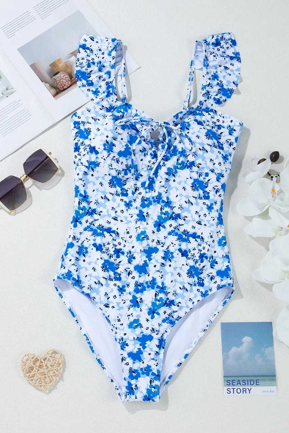 One Piece Swimsuit Boho Floral One-Piece Swimsuit - Ruffled Straps
