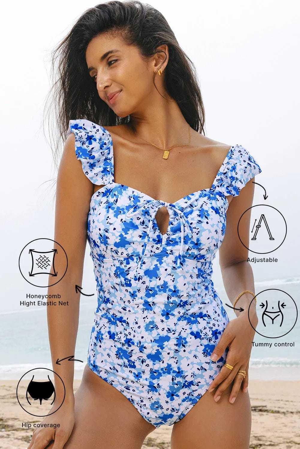 One Piece Swimsuit Boho Floral One-Piece Swimsuit - Ruffled Straps