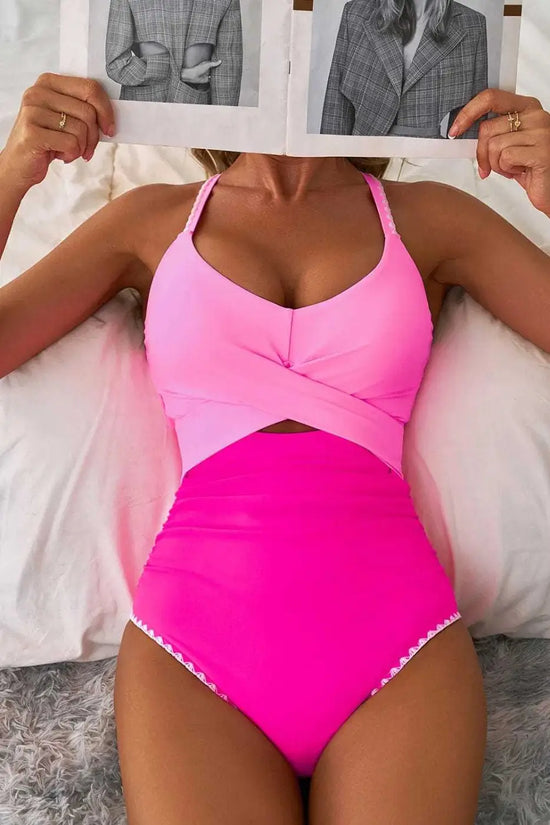 One Piece Swimsuit Cutout One Piece Swimsuit - Rose-Red Ricrac Trim