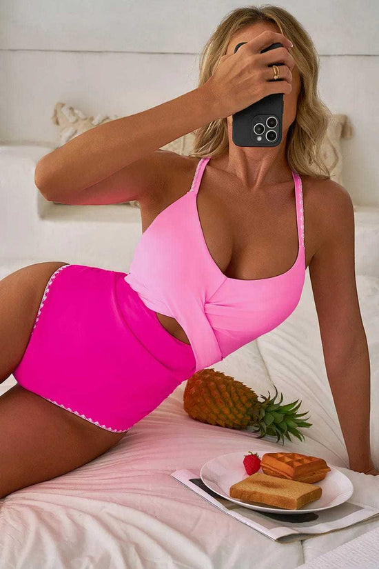 One Piece Swimsuit Cutout One Piece Swimsuit - Rose-Red Ricrac Trim